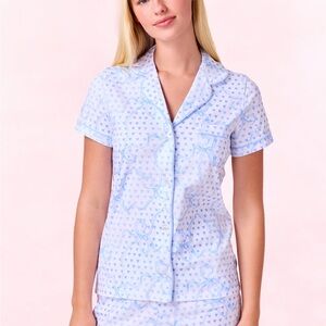 LoveShackFancy x Roller 2025 Rabbit Blue Luna Bow Hearts Polo Pajamas, Sz S